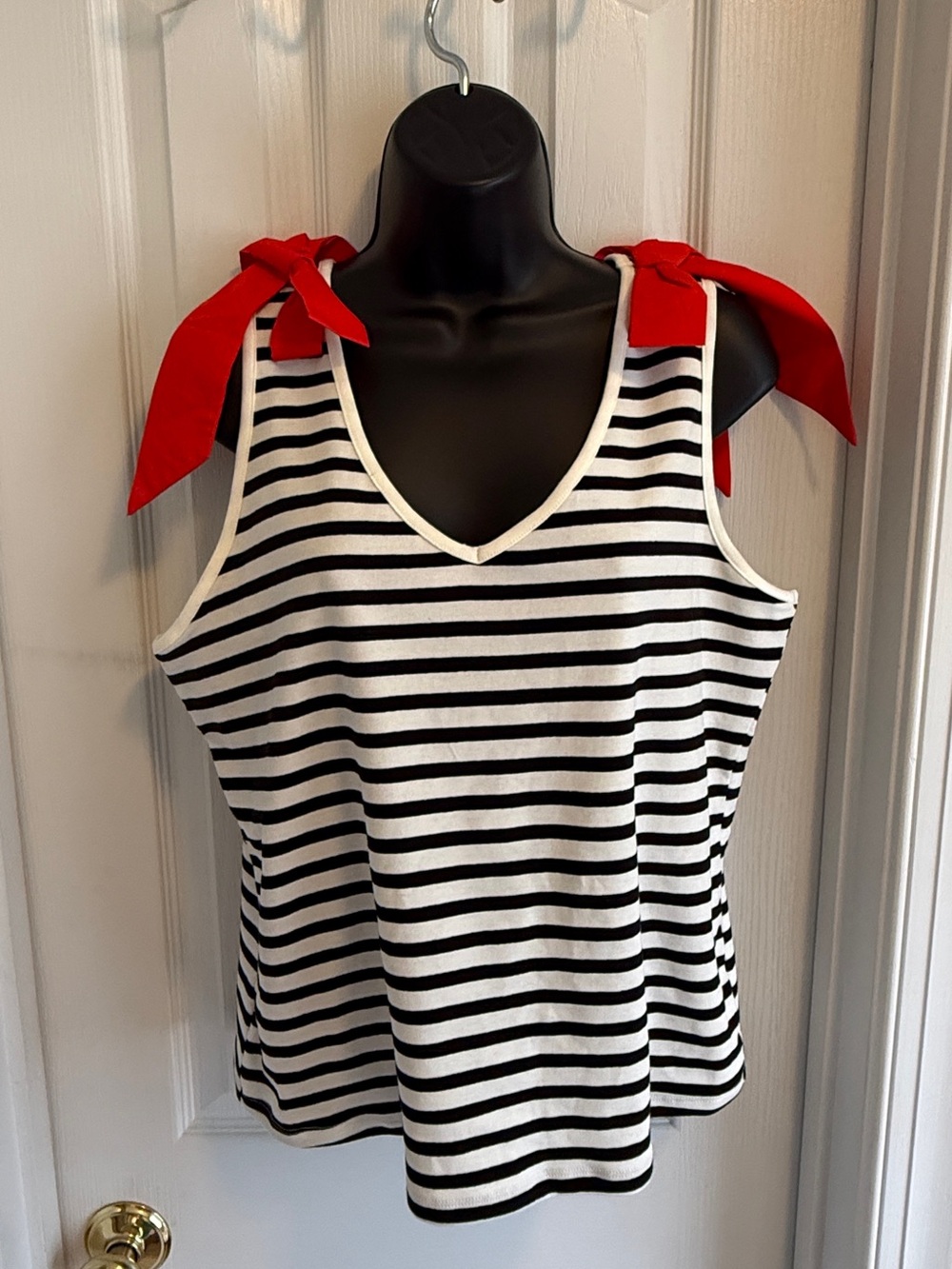 Marc New York Striped V-Neck Bow Shoulder Tank Top in Black, White & Red